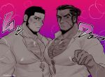  2boys alternate_pectoral_size bara black_eyes black_hair bursting_pecs buzz_cut chest_hair collared_shirt covered_nipples facial_hair golden_kamuy hairy ka_ji large_pectorals long_sideburns looking_at_viewer male_cleavage male_focus mature_male multiple_boys multiple_monochrome muscular muscular_male pectorals rikimatsu_ariko scar scar_on_cheek scar_on_face shirt short_hair sideburns sound_effects stubble tanigaki_genjirou thick_eyebrows translation_request upper_body very_short_hair white_shirt 