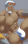  1boy abs aegir_(tokyo_houkago_summoners) anchor_earrings aqua_hair bara beard blue_eyes bulge dark_skin dark_skinned_male earrings eyewear_on_head facial_hair feet_out_of_frame fins halakadira highres jewelry large_pectorals male_focus male_swimwear mature_male multicolored_hair muscular muscular_male navel nipples pointing pointing_at_self short_hair single_earring sitting smile solo stomach streaked_hair swim_briefs swimwear thick_thighs thighs tokyo_houkago_summoners white_hair white_male_swimwear 