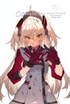  1girl admiral_hipper_(azur_lane) ahoge azur_lane blonde_hair blush commentary_request commission double-breasted eyebrows_visible_through_hair gloves green_eyes hair_between_eyes headgear heart heart_hands long_hair looking_at_viewer open_mouth skeb_commission solo soukou_makura sweatdrop two_side_up white_background 