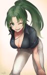  1girl ;d bangs beige_background bent_over black_shirt breasts cleavage collared_shirt commentary cowboy_shot downblouse eyebrows_visible_through_hair green_eyes green_hair hand_on_hip hand_on_own_knee highres higurashi_no_naku_koro_ni jewelry large_breasts long_hair looking_at_viewer one_eye_closed open_mouth pants parted_bangs parted_lips pendant ponytail shirt short_sleeves signature smile solo sonozaki_mion standing tarako_jun v-neck v-shaped_eyebrows white_pants 