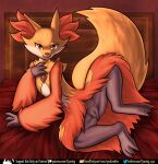  anus bed bedroom_eyes butt delphox digital_media_(artwork) english_text female fur furniture genitals hi_res inner_ear_fluff looking_at_viewer mammal narrowed_eyes nintendo on_bed pok&eacute;mon pok&eacute;mon_(species) pussy rymherdier seductive signature smile solo spread_legs spreading text tuft url video_games 