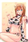  1girl 2021 animal_print bangs bikini blush border breasts brown_hair cleavage commentary_request cow_horns cow_print dutch_angle english_text eyebrows_visible_through_hair fringe_trim frown green_eyes happy_new_year heart heart_background horns large_breasts long_hair looking_at_viewer matsumi_yuu navel new_year open_mouth outside_border print_bikini print_scarf saki saki_achiga-hen scarf shibugaki side-tie_bikini sitting solo swimsuit w_arms wariza white_bikini white_border white_scarf 