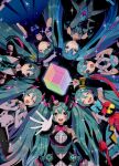  6+girls :d :o aqua_eyes aqua_hair black_background circle_formation closed_eyes cube eyebrows_visible_through_hair hand_up hands_clasped hands_on_own_chest hat hatsune_miku long_hair looking_at_viewer macha_3939 magical_mirai_(vocaloid) multiple_girls one_eye_closed open_mouth own_hands_together smile star_(sky) star_(symbol) twintails v very_long_hair vocaloid 