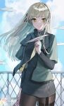  1girl absurdres bangs black_legwear black_ribbon closed_mouth cloud cloudy_sky eyebrows_visible_through_hair girls_frontline green_eyes green_jacket hair_ribbon highres holding holding_newspaper jacket kir_(khw66136132) long_hair looking_at_viewer newspaper pantyhose paper_airplane platinum_blonde_hair ribbon sky smile solo standing ump40_(girls_frontline) 