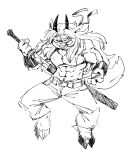  2021 4_fingers abs absurd_res accessory anaugi anthro armlet armor belt biceps bottomwear bovid breastplate caprine clothing fingers geisuke_(anaugi) goat grin hair headband hi_res holding_object holding_sword holding_weapon hooves horn long_hair male mammal melee_weapon midriff muscular muscular_anthro muscular_male navel pants pose simple_background smile solo sword torn_clothing weapon white_background 