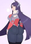  1girl absurdres ass bare_shoulders blush breasts breath commentary green_eyes highres irelia large_breasts league_of_legends light_smile long_hair looking_at_viewer looking_back pants purple_background purple_hair revision simple_background solo splashbrush thick_thighs thighs tight tight_pants very_long_hair 