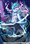  abs anthro band-aid bandage canid canine chainsaw clothed clothing collar hald_(manadezimon) hi_res male mammal manadezimon muscular muscular_anthro muscular_male open_clothing open_topwear open_vest pecs plantigrade power_tool solo tattoo teenager tools topwear vest young 