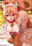  1girl all_fours animal_ear_fluff animal_ears apron bell bell_collar breasts cleavage collar fangs fate/extra fate/grand_order fate_(series) fox_ears fox_tail gloves hair_between_eyes hair_ornament hairclip heart highres indoors jingle_bell large_breasts long_hair looking_at_viewer naked_apron nekoarc open_mouth paw_gloves paws pink_hair red_collar shiron_(e1na1e2lu2ne3ru3) solo tail tamamo_(fate)_(all) tamamo_cat_(fate) tatami yellow_eyes 