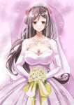  1girl absurdres bouquet breasts bridal_veil brown_hair cleavage cowboy_shot dress elbow_gloves flower gloves hair_ribbon highres jewelry kantai_collection kentan_(kingtaiki) large_breasts long_hair looking_at_viewer mamiya_(kancolle) necklace pearl_necklace red_ribbon ribbon solo tiara veil wedding_dress white_dress white_gloves 