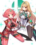  2girls absurdres bangs black_gloves black_legwear blonde_hair blush breasts chest_jewel dress earrings elbow_gloves fingerless_gloves gem gloves green322 headpiece highres jewelry large_breasts long_hair looking_at_viewer multiple_girls mythra_(xenoblade) open_mouth pantyhose pyra_(xenoblade) red_eyes red_hair red_legwear red_shorts short_hair short_shorts shorts smash_invitation super_smash_bros. swept_bangs thigh_strap thighhighs tiara very_long_hair white_dress white_gloves xenoblade_chronicles_(series) xenoblade_chronicles_2 yellow_eyes 