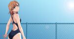  1girl adjusting_clothes adjusting_swimsuit blue_sky blue_swimsuit brown_eyes brown_hair closed_mouth competition_school_swimsuit eyebrows_visible_through_hair flower from_behind hair_between_eyes hair_flower hair_ornament head_tilt looking_at_viewer maruze_circus misaka_mikoto shiny shiny_hair shiny_skin short_hair sky smile solo sun swimsuit toaru_majutsu_no_index white_flower 