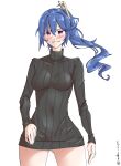  1girl absurdres alternate_costume ass_visible_through_thighs black_sweater blue_hair blush breasts cable_knit contrapposto girls_frontline hair_between_eyes highres k11_(girls_frontline) long_ponytail medium_breasts no_pants nym panties panty_peek ponytail red_eyes smile solo sweater thighs turtleneck turtleneck_sweater twitter_username underwear white_background white_panties 