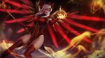  1girl breasts cosplay gloves hat highleg highleg_leotard large_breasts leotard mechanical_wings mercy_(overwatch) olchas overwatch red_eyes red_gloves red_legwear sally_whitemane sally_whitemane_(cosplay) staff tagme thighhighs warcraft white_hair wings world_of_warcraft 
