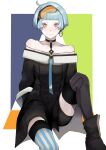  1girl absurdres alternate_costume arms_behind_back bare_shoulders black_legwear blue_hair blush boots breasts closed_mouth collarbone eyewear_on_head girls_frontline highres jewelry knee_up looking_at_viewer orange_eyes saiun_sigma short_hair simple_background single_earring sitting sitting_on_floor small_breasts solo striped striped_legwear thighhighs zas_m21_(girls_frontline) 
