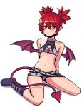  1girl agarest_senki agarest_senki_(series) belt beltbra beltskirt blush boots closed_mouth cosplay demon_tail demon_wings disgaea donburikazoku etna flat_chest fyuria_(agarest_senki) highres jewelry kneeling looking_at_viewer midriff pointy_ears red_eyes red_hair short_hair simple_background solo tail tied_hair transparent_background twintails wings 