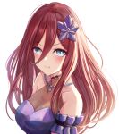  1girl :t bangs bare_shoulders blue_eyes blush breasts cleavage closed_mouth collarbone dress go-toubun_no_hanayome hair_between_eyes hair_ornament jewelry leonmandala long_hair looking_at_viewer medium_breasts nakano_miku necklace portrait pout purple_dress red_hair simple_background solo upper_body v-shaped_eyebrows white_background 