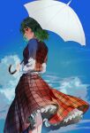  1girl absurdres aihara-rina artist_name bangs bird blue_sky blurry blurry_background blurry_foreground breasts chromatic_aberration closed_mouth cloud collared_shirt cowboy_shot cumulonimbus_cloud dated day expressionless from_behind green_hair hair_between_eyes highres holding holding_umbrella kazami_yuuka long_skirt long_sleeves looking_at_viewer looking_to_the_side parasol petticoat plaid plaid_skirt plaid_vest red_eyes red_skirt red_vest reflective_eyes shirt short_hair signature skirt skirt_lift skirt_set sky small_breasts solo standing thighs touhou umbrella vest wavy_hair white_shirt wind 
