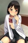  1girl arm_support bangs bed black_hair black_legwear black_skirt blurry blurry_background blush bow bowtie breasts brown_eyes closed_mouth diagonal_stripes dress_shrit eyebrows_visible_through_hair hair_strand hand_to_own_mouth head_tilt headboard highres light_smile long_sleeves looking_at_viewer matsunaga_kouyou no_bra nose_blush on_bed open_clothes original panties panties_around_one_leg plaid plaid_skirt pleated_skirt red_bow school_uniform shirt sitting skirt small_breasts solo striped striped_bow striped_neckwear underboob underwear uniform wariza white_panties white_shirt 
