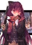  1girl blush box character_name coat english_text eyebrows_visible_through_hair gift gift_box girls_frontline gloves hair_ornament long_hair long_sleeves looking_at_viewer one_side_up open_mouth purple_hair red_eyes red_neckwear scarf simple_background snowflake_hair_ornament snowflake_print solo soukou_makura stuffed_animal stuffed_reindeer stuffed_toy upper_body wa2000_(girls_frontline) white_gloves 