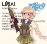  1girl absurdres assault_rifle blonde_hair blue_eyes blush bullpup character_name chest_rig copyright_name cowboy_shot gun hair_between_eyes highres l85 l85a1_(upotte!!) rifle school_uniform serafuku short_hair solo upotte!! weapon willy_pete 