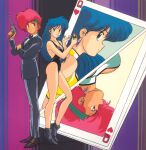  1980s_(style) 2girls ankle_boots arm_grab back-to-back black_leotard blue_eyes blue_hair boots bow bowtie breasts card cleavage dirty_pair earrings gun handgun headband heel_raised high_heels jewelry kei_(dirty_pair) leotard long_hair long_sleeves multiple_girls official_art pistol playing_card profile red_eyes red_hair retro_artstyle short_hair smile smoking standing tuxedo weapon yuri_(dirty_pair) 