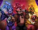  2021 accessory animate_inanimate animatronic anthro avian banjo_(instrument) beak bib bird black_eyes black_nose blonde_hair blue_eyes bonnie_(fnaf) bonnie_(fnafplus) bottomwear bow_tie brick brick_wall brown_ears buckteeth chef chef_hat chef_uniform chica_(fnaf) chica_(fnafplus) chicken clothed clothing cloud cupcake_(fnaf) cupcake_(fnafplus) curtains english_text female five_nights_at_freddy&#039;s five_nights_at_freddy&#039;s_plus freddy_(fnaf) freddy_(fnafplus) galliform gallus_(genus) group hair hair_accessory hair_bow hair_ribbon half-closed_eyes hat headgear headwear hi_res lagomorph leporid long_ears looking_aside looking_away lordofthefeathers machine male mammal microphone multicolored_body multicolored_ears musical_instrument narrowed_eyes open_mouth orange_beak pants pawpads paws phasianid pink_eyes plucked_string_instrument pseudo_clothing purple_ears purple_eyes rabbit raised_arm reaching reaching_out reaching_towards_viewer ribbons robot round_ears short_hair shorts singer size_difference smile stage stage_curtains stage_lights standing string_instrument teeth text toony top_hat topwear two_tone_body two_tone_ears ursid vest video_games wall_(structure) yellow_body 