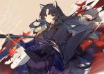  1girl animal_ears arknights autumn_leaves bangs black_gloves black_hair black_kimono brown_background closed_mouth dog_ears dog_girl elbow_gloves eyebrows_visible_through_hair facial_mark feet_out_of_frame fingerless_gloves forehead_mark glint gloves hair_ribbon highres holding holding_weapon japanese_clothes kimono knee_pads leaf long_hair long_sleeves looking_at_viewer maple_leaf mongarit motion_blur pants parted_bangs puffy_pants purple_pants ribbon saga_(arknights) signature smile solo very_long_hair weapon wide_sleeves yellow_ribbon 