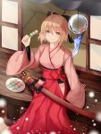 1girl ahoge arm_guards arm_support bangs blonde_hair blurry blurry_foreground bow breasts closed_mouth collarbone dango eyebrows_visible_through_hair fate/grand_order fate_(series) food gift_(artist) hair_between_eyes hair_bow hakama hand_up holding holding_food japanese_clothes katana kimono knot long_sleeves looking_at_viewer medium_breasts medium_hair obi okita_souji_(fate) okita_souji_(fate)_(all) plate sash scabbard sheath sidelocks sitting smile solo sword talisman wagashi weapon wide_sleeves wooden_floor yellow_eyes 