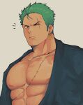  1boy abs bara bare_pecs black_eyes dark_skin dark_skinned_male green_hair green_kimono izukuxo japanese_clothes jewelry kimono large_pectorals looking_at_viewer male_focus mature_male muscular muscular_male nipples one_piece open_clothes open_kimono pout roronoa_zoro scar scar_across_eye scar_on_chest short_hair sideburns single_earring solo stitches stomach upper_body 