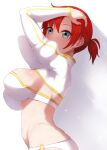  1girl arms_behind_head arms_up bangs bikini boudica_(fate) breasts fate/grand_order fate_(series) green_eyes juliet_sleeves large_breasts long_sleeves looking_at_viewer mo_sabo o-ring puffy_sleeves red_hair short_ponytail shrug_(clothing) swimsuit white_bikini 