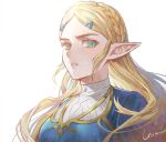  1girl bangs blonde_hair blue_dress blush braid crown_braid dress forehead hair_ornament hairclip lino_chang long_hair parted_bangs pointy_ears portrait princess_zelda signature simple_background solo the_legend_of_zelda the_legend_of_zelda:_breath_of_the_wild thick_eyebrows v-shaped_eyebrows white_background 