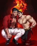  2boys abs bangs bara bare_pecs black_hair black_sclera blood blood_on_face bloody_clothes bloody_hands bound bound_wrists bulge character_request chest_hair colored_sclera copyright_request crossover face-to-face facial_hair feet_out_of_frame fire greek_clothes green_eyes hades_(game) helltaker heterochromia highres large_pectorals laurel_crown looking_at_another male_focus mature_male multiple_boys muscular muscular_male navel navel_hair nipples odol_illust open_clothes open_shirt pants red_eyes red_shirt shirt shirtless short_hair sideburns sleeves_rolled_up spiked_hair squatting stomach stubble thick_thighs thighs tight tight_pants veins white_pants zagreus_(hades) 