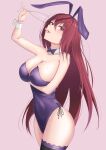  1girl absurdres animal_ears breasts bunny_ears cup drinking_glass fate/grand_order fate_(series) highres nmi playboy_bunny red_eyes red_hair scathach_(fate) scathach_(fate)_(all) simple_background thighs tongue tongue_out 