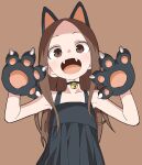  1girl :d absurdres bell bell_choker black_choker black_dress brown_background brown_eyes brown_hair choker commentary_request dress fangs gloves hands_up highres jingle_bell karakai_jouzu_no_takagi-san long_hair looking_at_viewer official_art open_mouth paw_gloves paws simple_background sleeveless sleeveless_dress smile solo takagi-san yamamoto_souichirou 