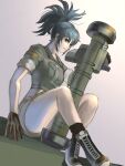  1girl bangs blue_eyes blue_hair boots combat_boots earrings gloves green_jacket green_shorts highres holding holding_weapon jacket jewelry legs leona_heidern looking_at_viewer m1_bazooka meke_(77842928) ponytail rocket_launcher short_sleeves shorts sitting snk solo the_king_of_fighters tied_hair triangle_earrings weapon 