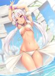  1girl armpits arms_up bare_shoulders bikini breasts cleavage detached_sleeves dutch_angle egyptian_clothes gold_trim groin headdress highres long_hair looking_at_viewer medium_breasts navel original outdoors parted_lips pink_eyes sasaame silver_hair solo standing stomach swimsuit thigh_gap thighs wading water white_bikini 
