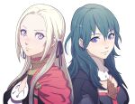  2girls blue_eyes blue_hair breasts byleth_(fire_emblem) byleth_(fire_emblem)_(female) cape closed_mouth cravat edelgard_von_hresvelg fire_emblem fire_emblem:_three_houses garreg_mach_monastery_uniform green_hair hair_ornament long_hair looking_at_viewer medium_hair multiple_girls red_cape simple_background sjw_kazuya smile 