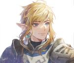  1boy ahoge armor bangs blonde_hair closed_mouth earrings jewelry link lino_chang long_hair looking_away looking_to_the_side low_ponytail male_focus pauldrons pointy_ears portrait shoulder_armor sidelocks signature simple_background smile solo the_legend_of_zelda the_legend_of_zelda:_breath_of_the_wild thick_eyebrows white_background 