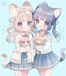 &gt;_&lt; 4girls :d :o ame_usako animal_ears bangs banned_artist blue_background blue_bow blue_eyes blue_hair blue_ribbon blue_sailor_collar blue_skirt blush bow brown_eyes brown_hair bunny_hair_ornament cat_ears cat_girl cat_hair_ornament cat_tail chibi closed_eyes collared_shirt commentary_request doughnut eating eyebrows_visible_through_hair finger_to_mouth food hair_bow hair_ornament hair_ribbon hand_on_another&#039;s_shoulder heart highres holding holding_food jacket long_hair long_sleeves looking_at_viewer minigirl multiple_girls open_clothes open_jacket open_mouth original parted_lips pink_bow pink_hair plaid plaid_sailor_collar plaid_skirt pleated_skirt ribbon sailor_collar school_uniform serafuku shirt signature simple_background skirt sleeves_past_wrists smile spoken_heart tail twintails two_side_up white_jacket white_shirt 
