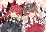  2girls :d ahoge animal_ear_fluff animal_ears bangs black_bow black_dress blunt_bangs blush bow bowtie braid breasts brown_hair cat_day cat_ears cat_tail chen cleavage commentary_request double_v dress extra_ears eyebrows_visible_through_hair fangs green_headwear hair_bow hat highres jewelry kaenbyou_rin long_hair looking_at_viewer mob_cap multiple_girls multiple_tails nekomata open_mouth paw_background red_dress red_eyes red_hair short_hair simple_background single_earring skin_fangs small_breasts smile tail touhou toutenkou twin_braids twintails two_tails upper_body v v-shaped_eyebrows white_bow white_neckwear 