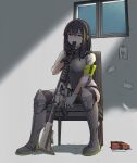  1girl armband assault_rifle bangs boots box brown_eyes brown_hair chair envelope gift gift_box girls_frontline gloves green_hair gun gun_in_mouth headphones highres leotard long_hair m4_carbine m4a1_(girls_frontline) multicolored_hair parody photo_(object) ribbed_leotard rifle scarf scene_reference shingeki_no_kyojin sitting solo streaked_hair sugar_desu suicide tape thighhighs_under_boots valentine weapon window 