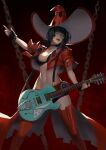  1girl belt black_gloves black_hair boots bra breasts chain choker cleavage electric_guitar fingerless_gloves glasses gloves guilty_gear guilty_gear_strive guitar hat i-no instrument lipstick makeup medium_breasts midriff mole navel open_mouth phamoz red_background short_hair short_shorts shorts simple_background smile solo sunglasses thigh_boots thighhighs thighs underwear witch_hat 
