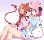  2girls animal_ear_fluff animal_ears bare_shoulders blue_bow blue_shirt bow breast_press breasts cat_ears cat_tail chiyoda_momo cleavage collarbone commentary_request curled_horns demon_horns eyebrows_visible_through_hair gradient gradient_background hair_bow hair_ornament heart highres horns kemonomimi_mode large_breasts long_hair looking_at_another machikado_mazoku mel_(melty_pot) multiple_girls off-shoulder_shirt off_shoulder open_mouth pink_hair pink_shirt purple_background red_bow red_eyes red_hair shirt short_hair short_sleeves t-shirt tail tail_bow tail_ornament x_hair_ornament yoshida_yuuko_(machikado_mazoku) yuri 