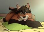  anthro bed black_arms black_legs black_nose canid canine fox fur furniture green_eyes green_pillow happy legs_up male mammal nude open_eye orange_body orange_fur patrikthedog smile solo teeth tongue tongue_out white_body white_fur 