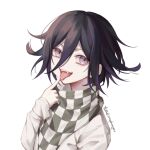  1boy artist_name bangs black_hair checkered checkered_scarf danganronpa_(series) danganronpa_v3:_killing_harmony ewa_(seraphhuiyu) eyebrows_visible_through_hair face fangs finger_to_mouth finger_to_tongue flipped_hair hair_between_eyes hand_up highres jacket long_sleeves looking_at_viewer male_focus open_mouth ouma_kokichi pink_eyes purple_eyes purple_hair scarf short_hair simple_background smile solo straitjacket symbol_commentary teeth tongue tongue_out upper_body white_background white_jacket 