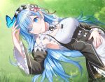  1girl akka_(ak_usaz) alternate_hair_length alternate_hairstyle blue_butterfly blue_eyes blue_hair breasts bug butterfly butterfly_on_finger cleavage cleavage_cutout clothing_cutout grass hand_on_own_stomach insect long_hair looking_at_viewer lying maid medium_breasts on_back re:zero_kara_hajimeru_isekai_seikatsu rem_(re:zero) smile solo 