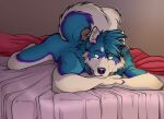  anthro bed blue_body blue_fur canid canine canis domestic_dog ears_up fur furniture hair husky looking_at_viewer male mammal nordic_sled_dog nude patrikthedog raised_tail rydarius solo spitz white_body white_eyes white_fur 