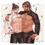  2boys abs arm_around_shoulder bara bare_pecs beard black_pants brown_hair bulge chest_hair chest_tattoo confetti dark_skin dark_skinned_male facial_hair goatee hanzo_(overwatch) happy_new_year highres interracial large_pectorals male_focus mature_male mccree_(overwatch) meme_attire multiple_boys muscular muscular_male navel navel_hair new_year nipples overwatch pants pectoral_docking pectoral_press short_hair shrug_(clothing) sideburns smile stomach strawberry_napa stubble tattoo tied_hair yaoi 