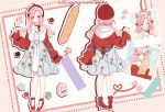  1girl ^_^ baguette beret bread breasts character_sheet closed_eyes english_commentary floral_print food hat heart holding holding_food lili/nadenade long_hair medium_breasts medium_hair multiple_views nini_yuuna off_shoulder official_art open_hand pink_eyes pink_hair red_headwear red_sweater second-party_source smile sweater tsunderia twintails 