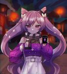 1girl :t alternate_costume bare_shoulders blush bow braid casual flower genshin_impact hair_bow hair_flower hair_ornament highres holding holding_phone kenouo keqing_(genshin_impact) lantern long_hair long_sleeves looking_at_viewer night phone pout purple_eyes purple_hair purple_sweater scarf skirt sweater twintails white_skirt 